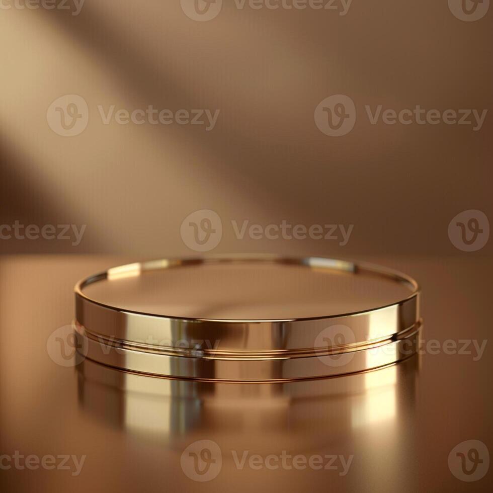 Golden round table with a silver top on a table photo