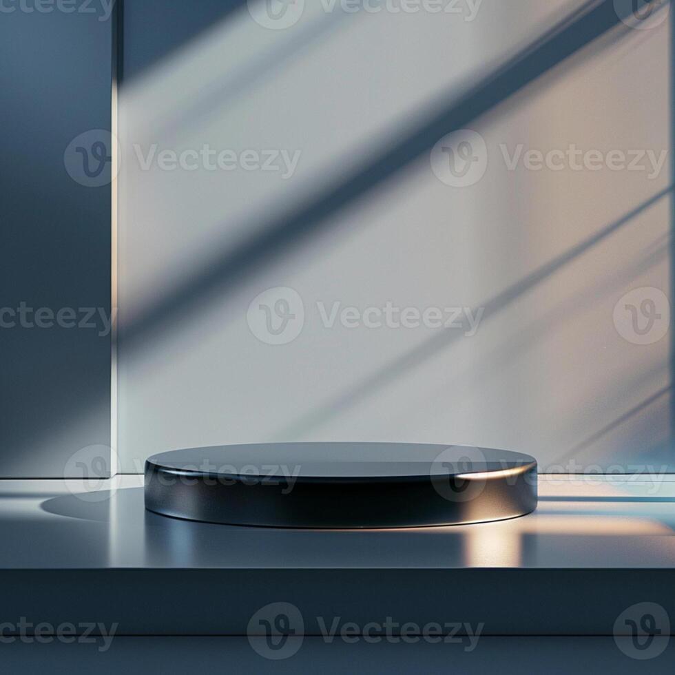 A black round table on a table in front of a window photo
