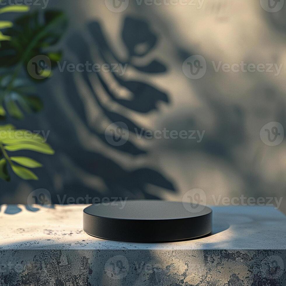 A black circular object on a concrete surface photo