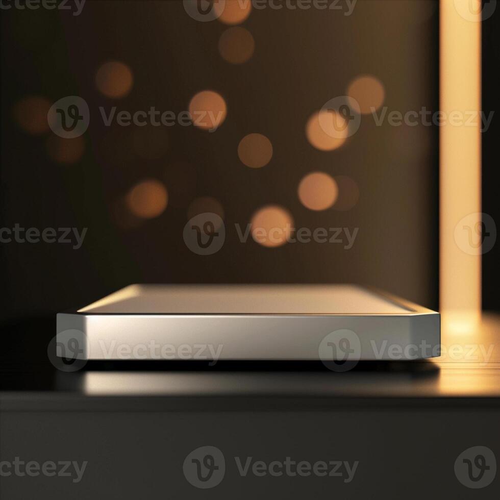 A silver box sitting on a table with lights photo