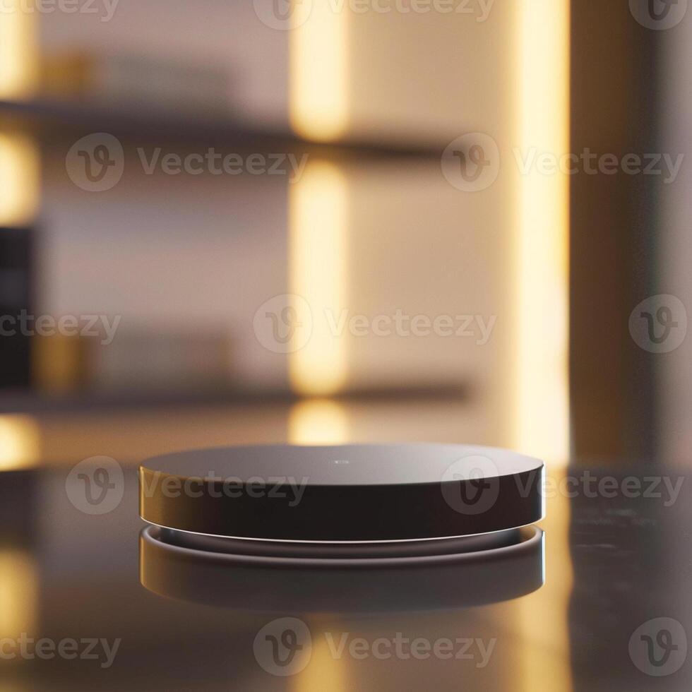 A black and white smart speaker sitting on a table photo