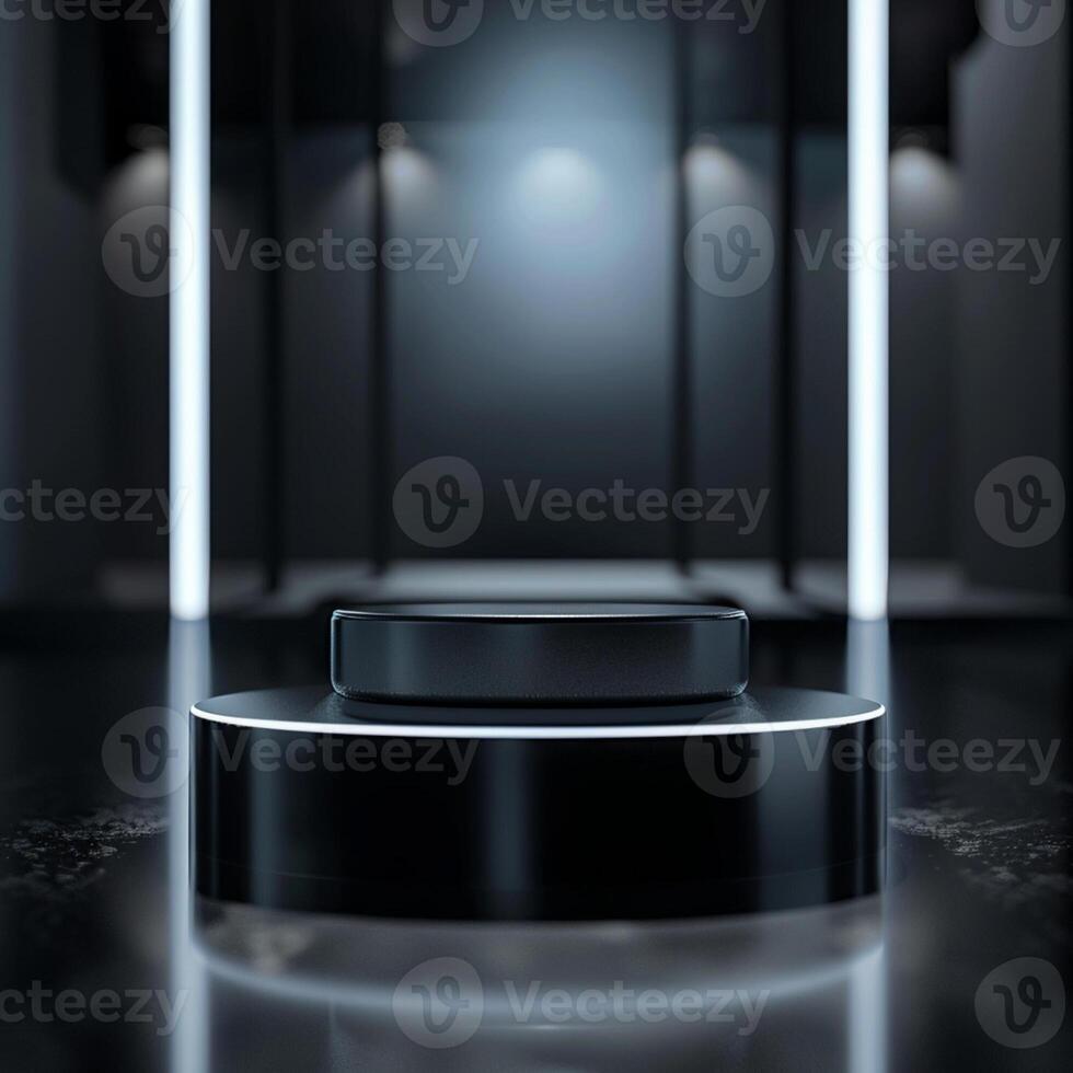 Black pedestal with lights on it in a dark room photo