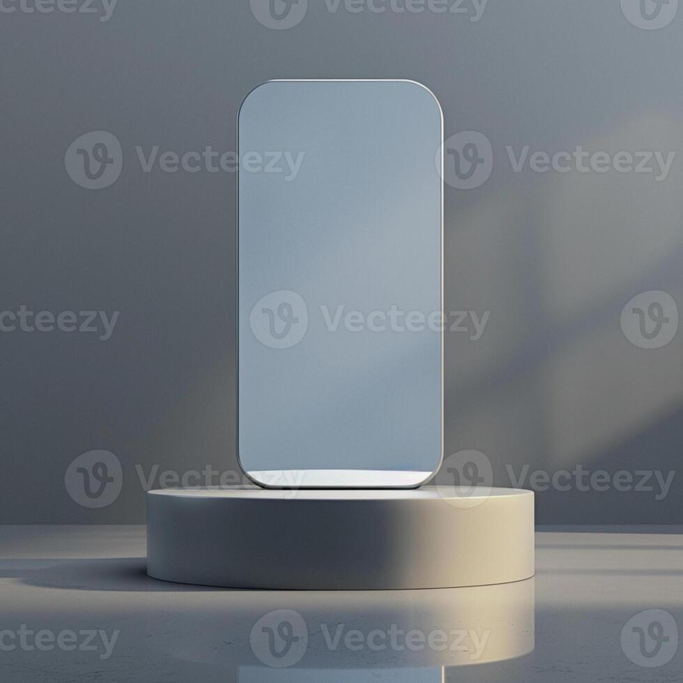 A white phone on a stand in front of a window photo