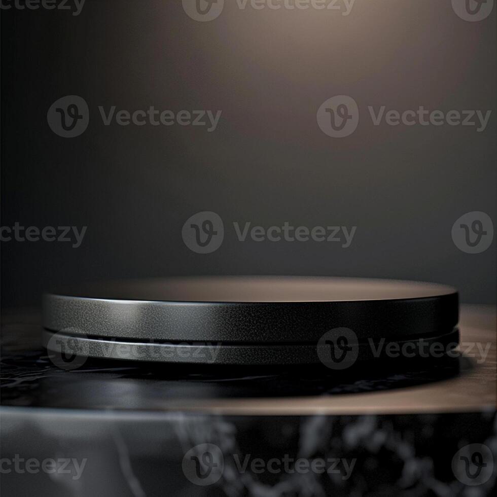 A black circular object on top of a marble table photo