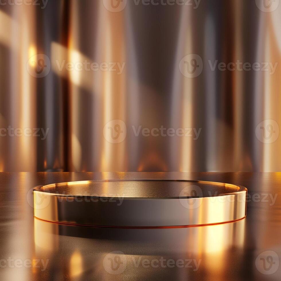 A round metal object on a table with a light shining on it photo