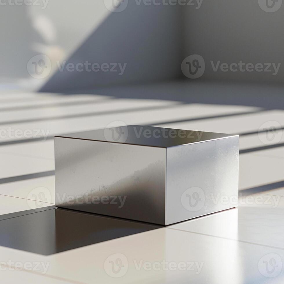A silver cube sitting on a white floor photo