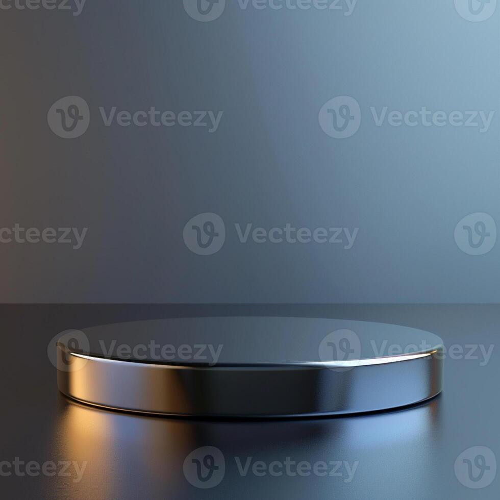 A round metal pedestal on a table with a light photo