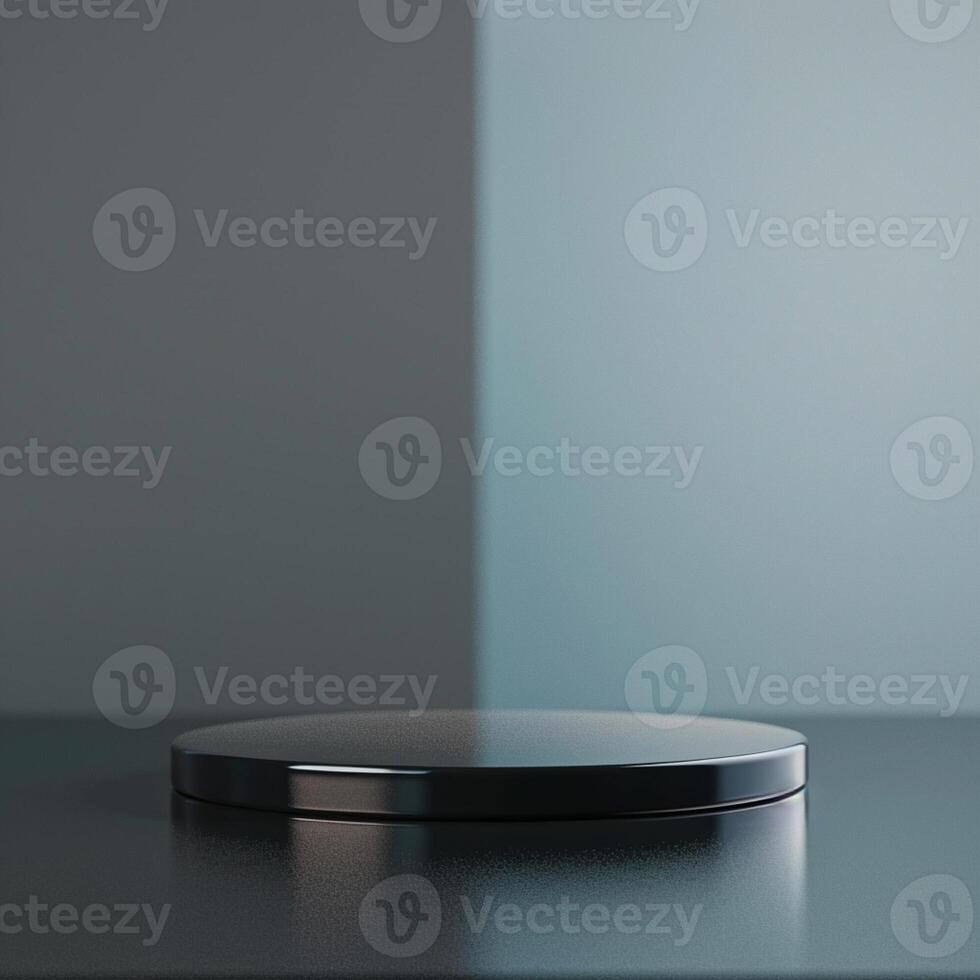 A black and white table with a round object on it photo