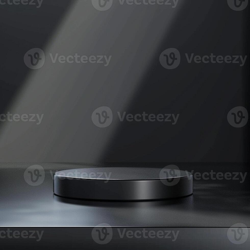 A black object on a table in front of a dark background photo
