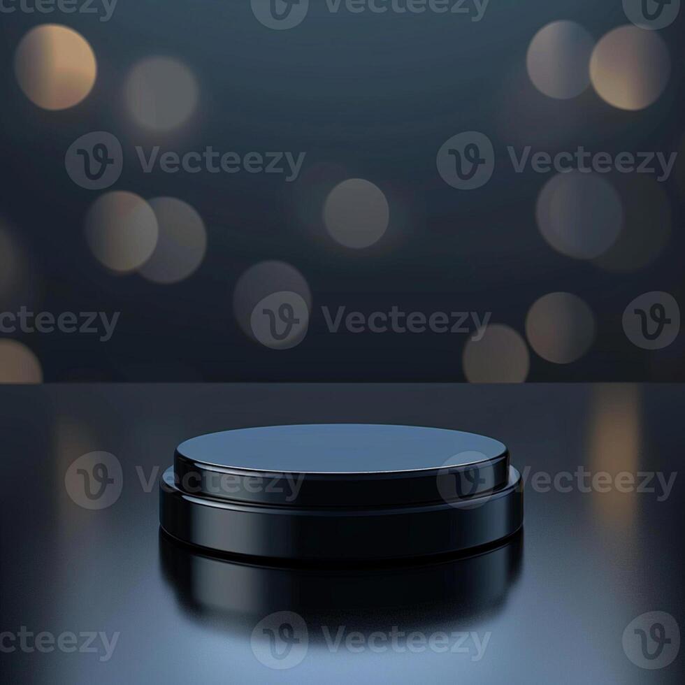 Black round podium on a dark background with bokeh lights photo