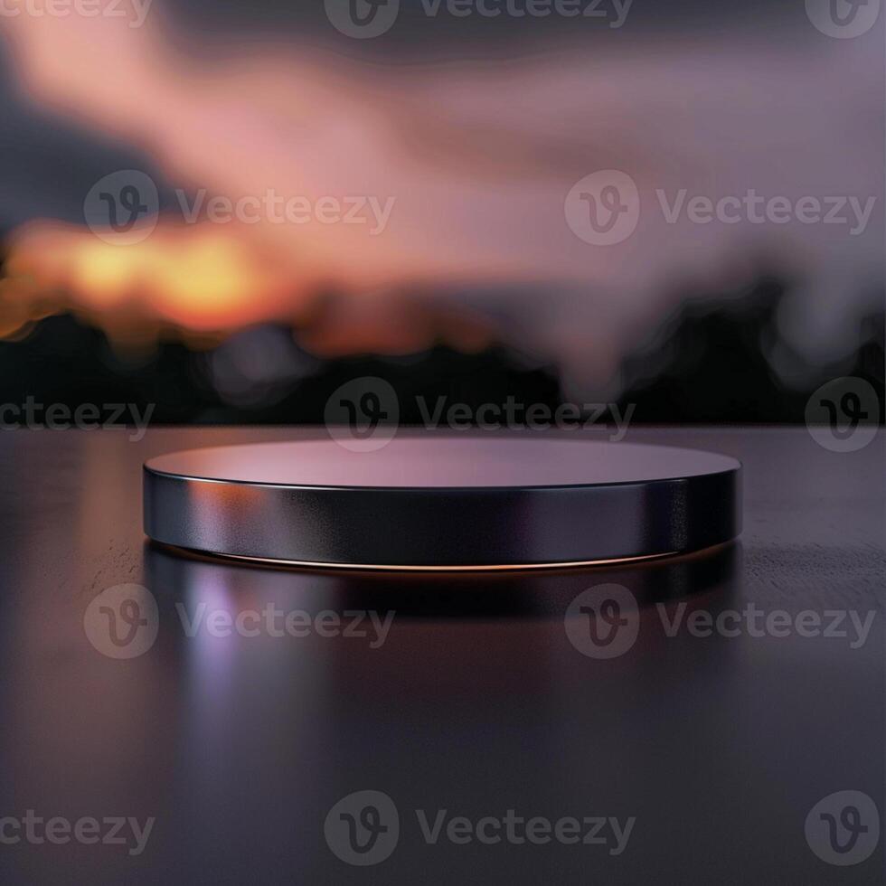 A circular object on a table with a sunset in the background photo