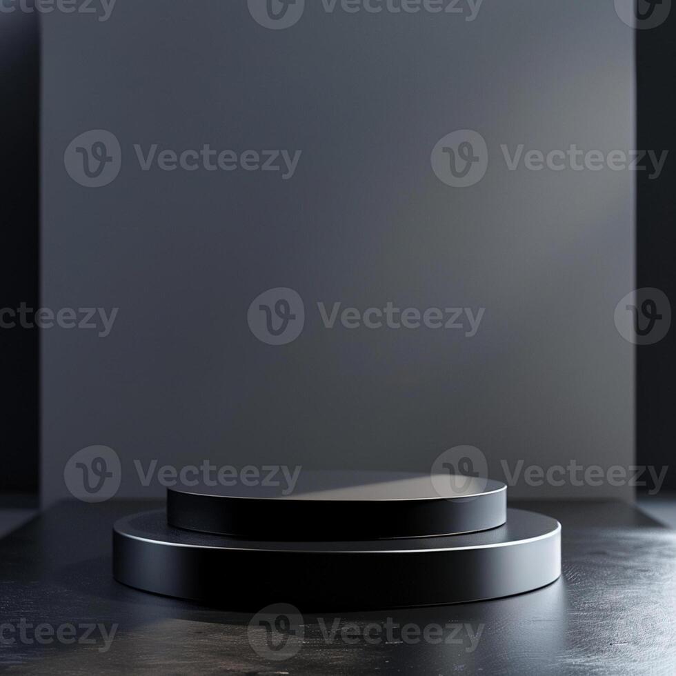 Black podium with empty space in front of a wall photo