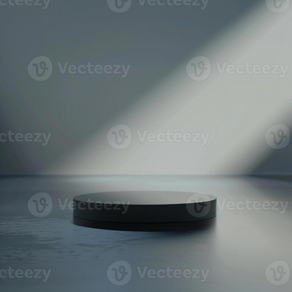 An empty podium in a room with light coming from the wall photo