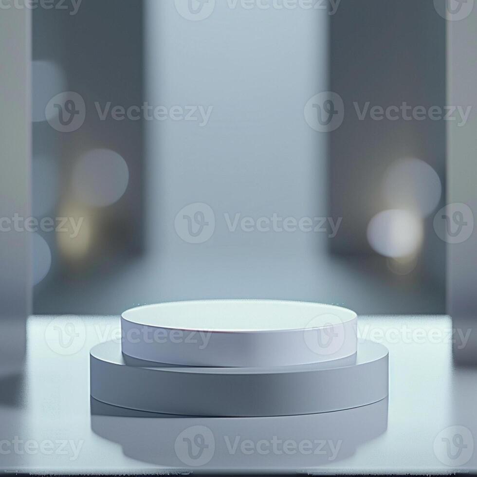 A white pedestal on a table in front of a window photo