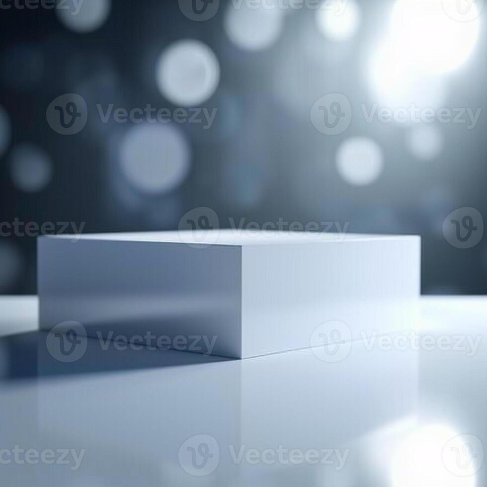 An empty white box on a table with a blurred background photo