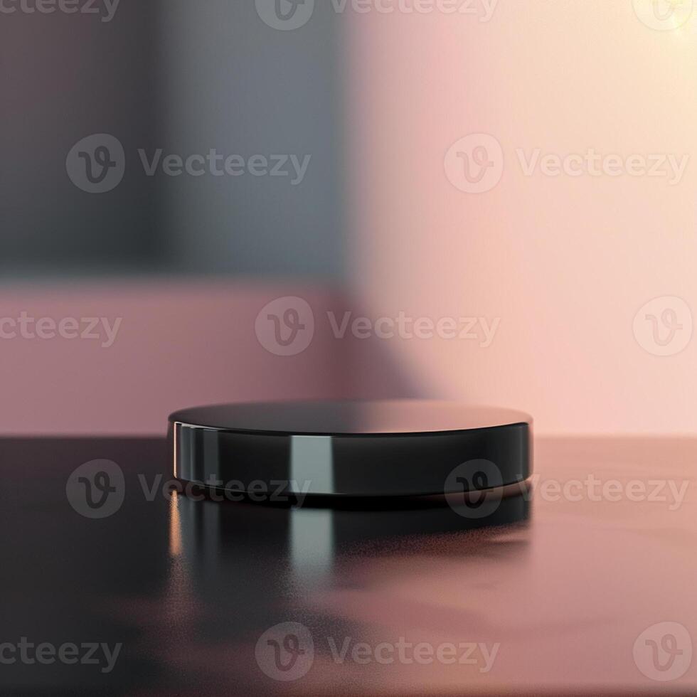 A black object on a table in front of a pink wall photo