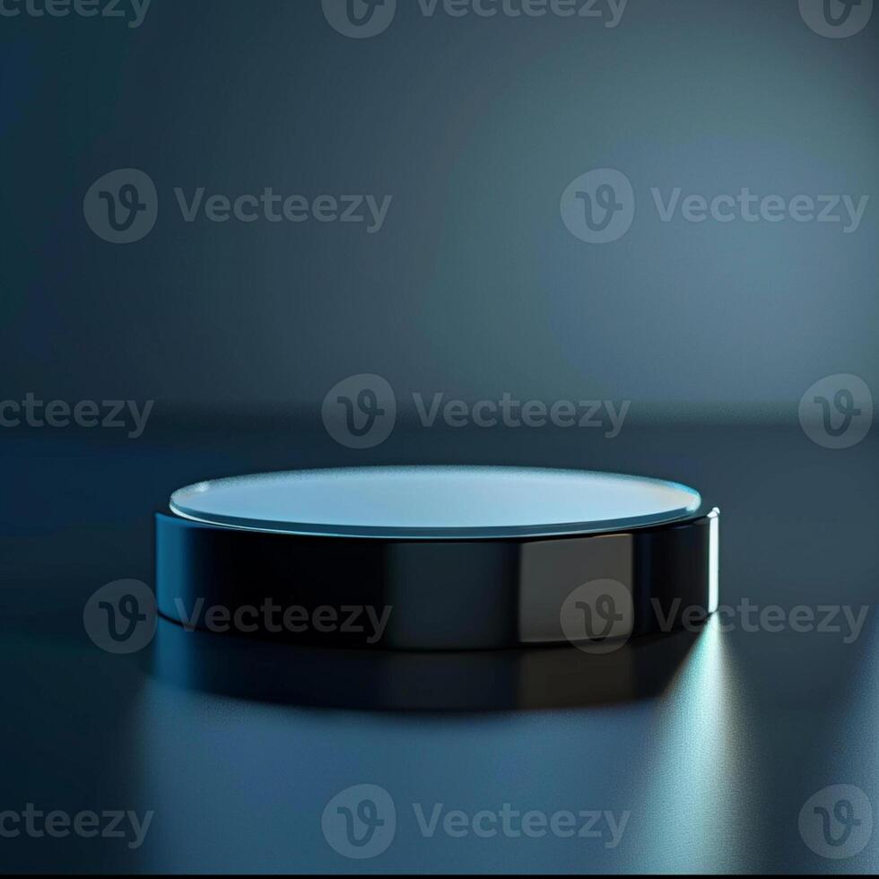A black round object on a table with a blue background photo