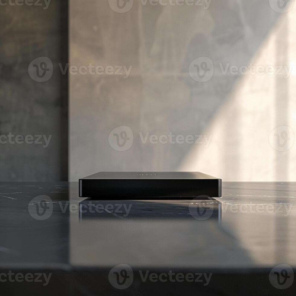 A black box sitting on top of a marble counter photo