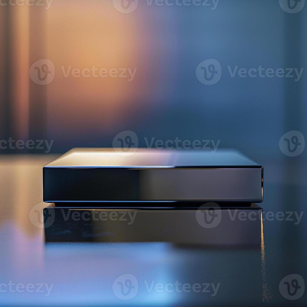 A black and white image of a device on a table photo
