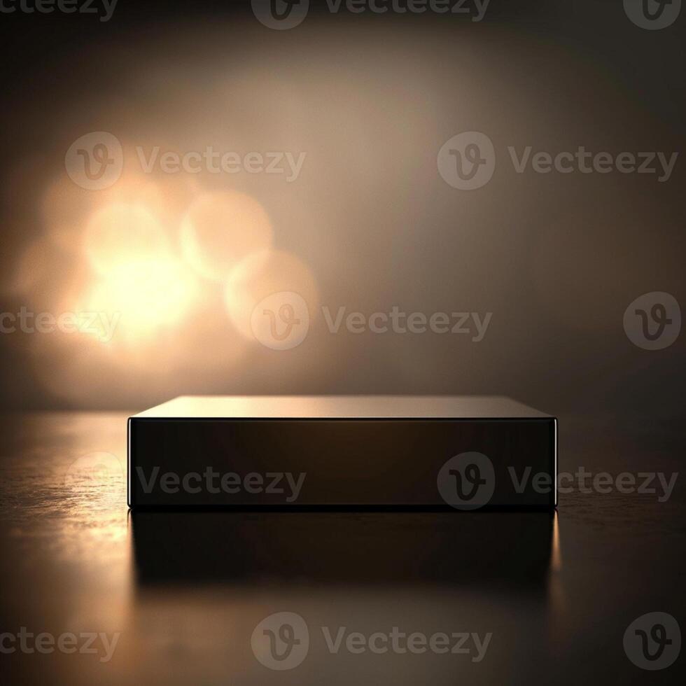 An empty box on a table in front of a light photo