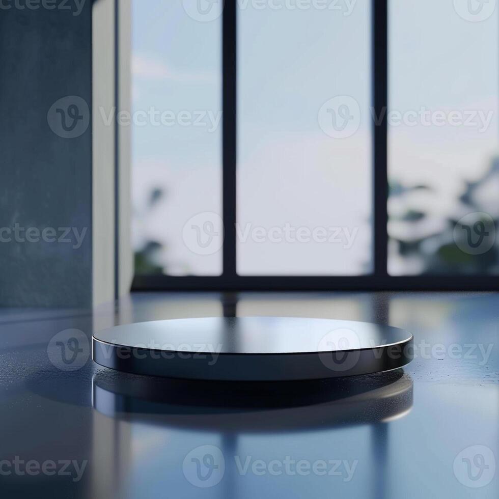 A black and white plate on a table in front of a window photo