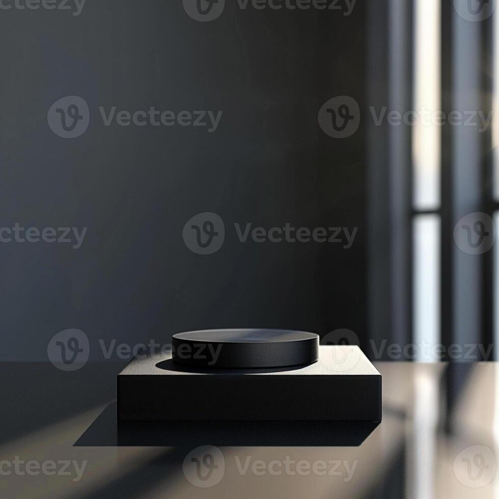 A black object on a table in front of a window photo