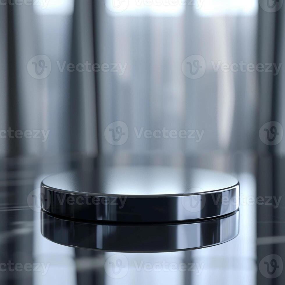 A black circular object on a table in front of a window photo