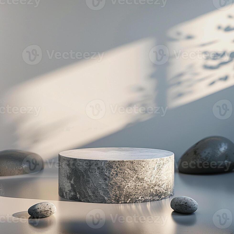 A stone table with a white marble top and some rocks photo