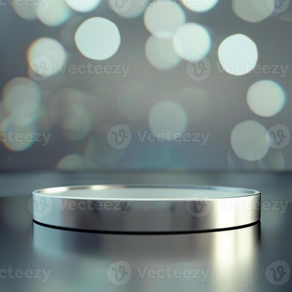 An empty silver plate on a table with a blurred background photo