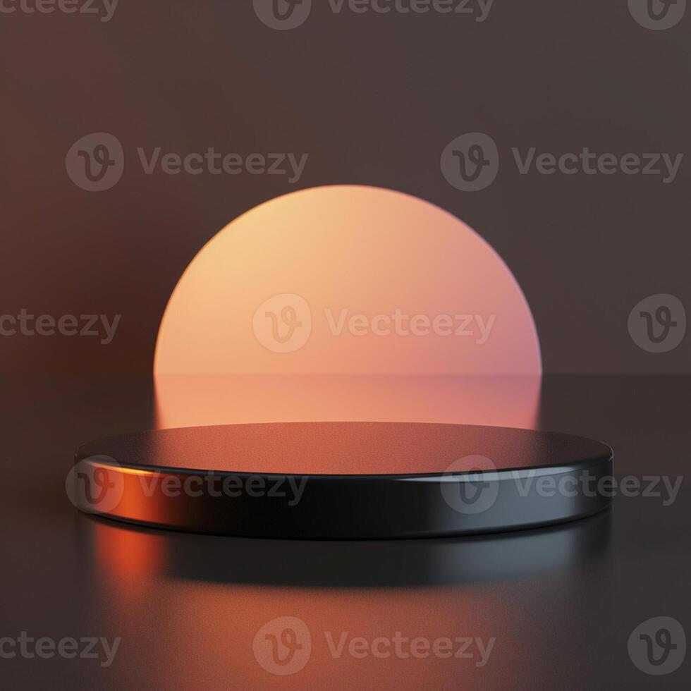 A black table with a circular object in front of it photo