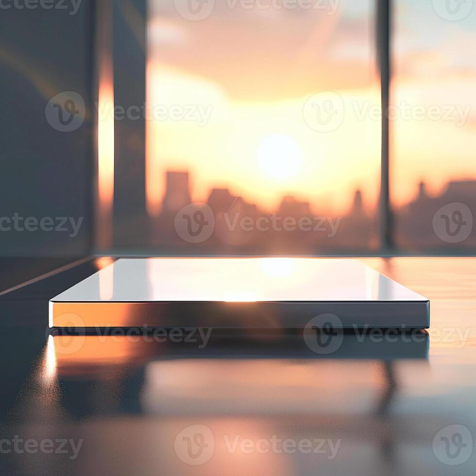 A white tablet on a table in front of a city photo