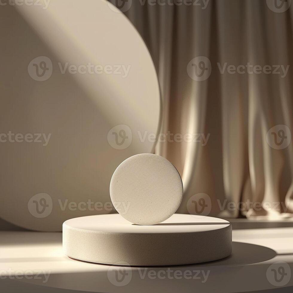 A white round object on a pedestal in front of a curtain photo