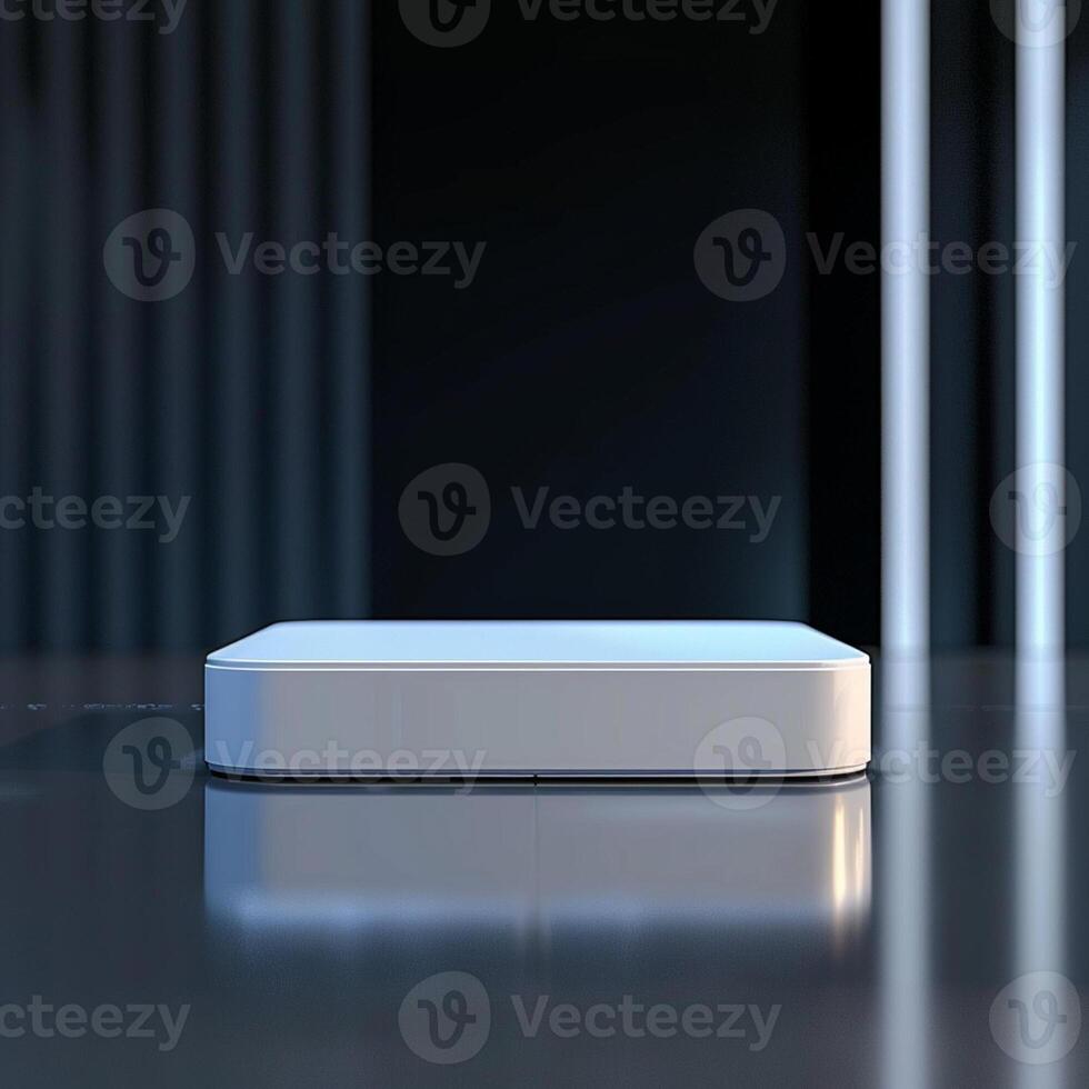 A white box sitting on a table in front of a dark background photo