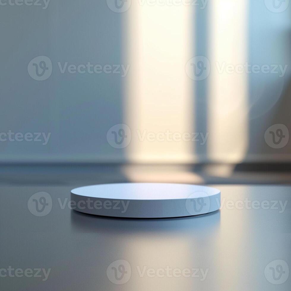 A white round object on a table in front of a window photo