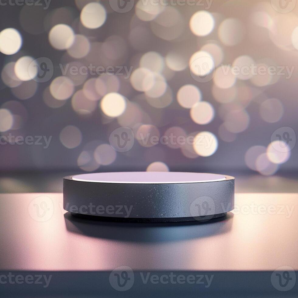 A silver object on a table in front of a blurry background photo