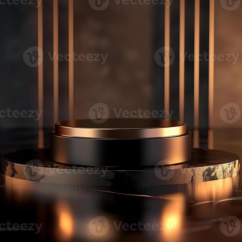 A black and gold pedestal on a marble table photo