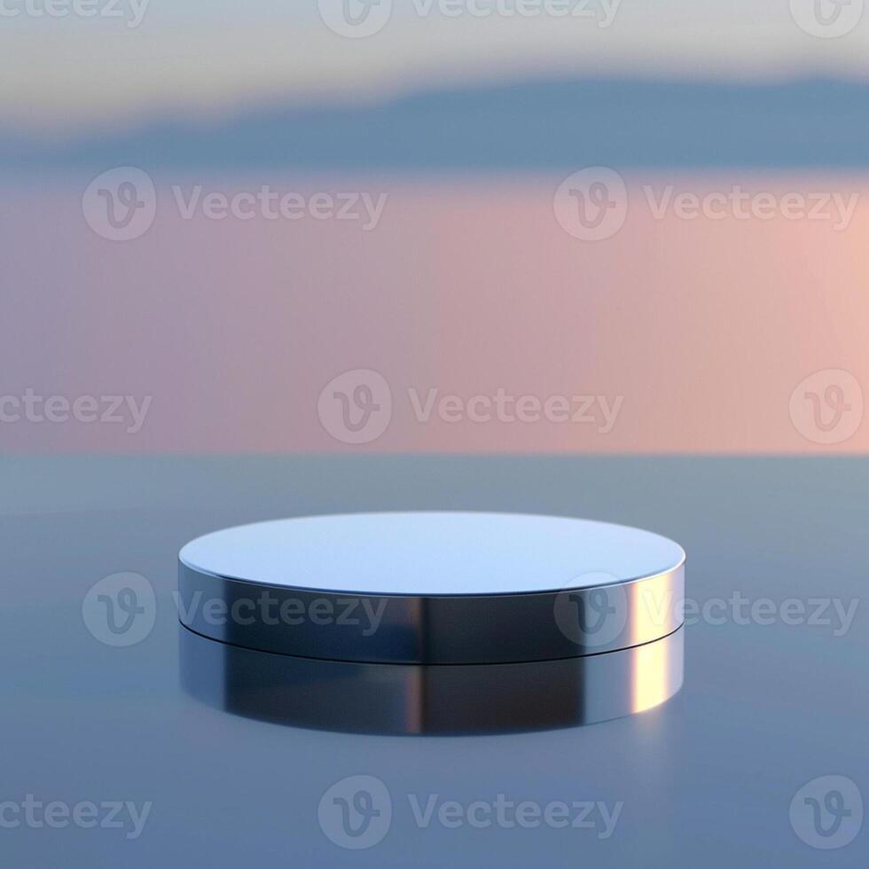 A round object sitting on a table in front of a lake photo