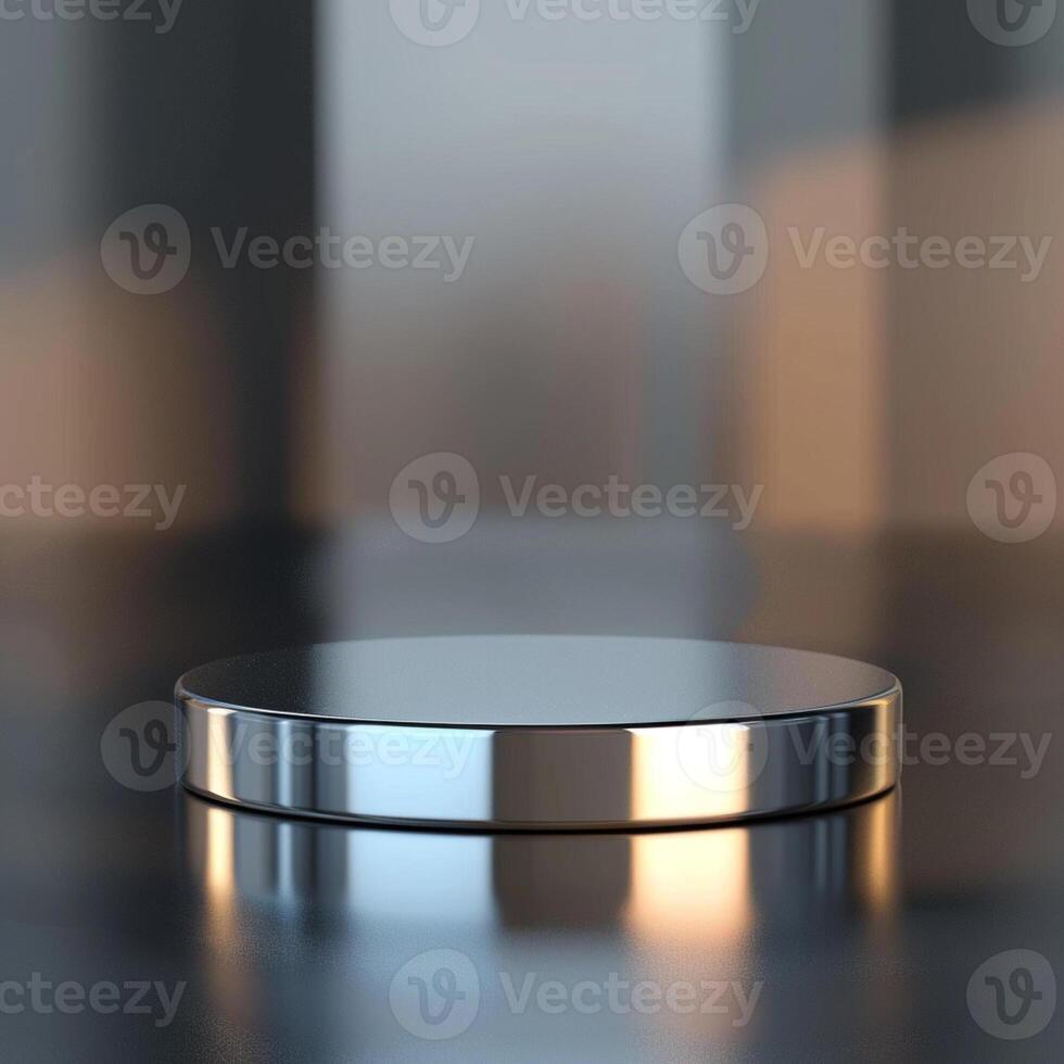 A silver object on a table with a light photo