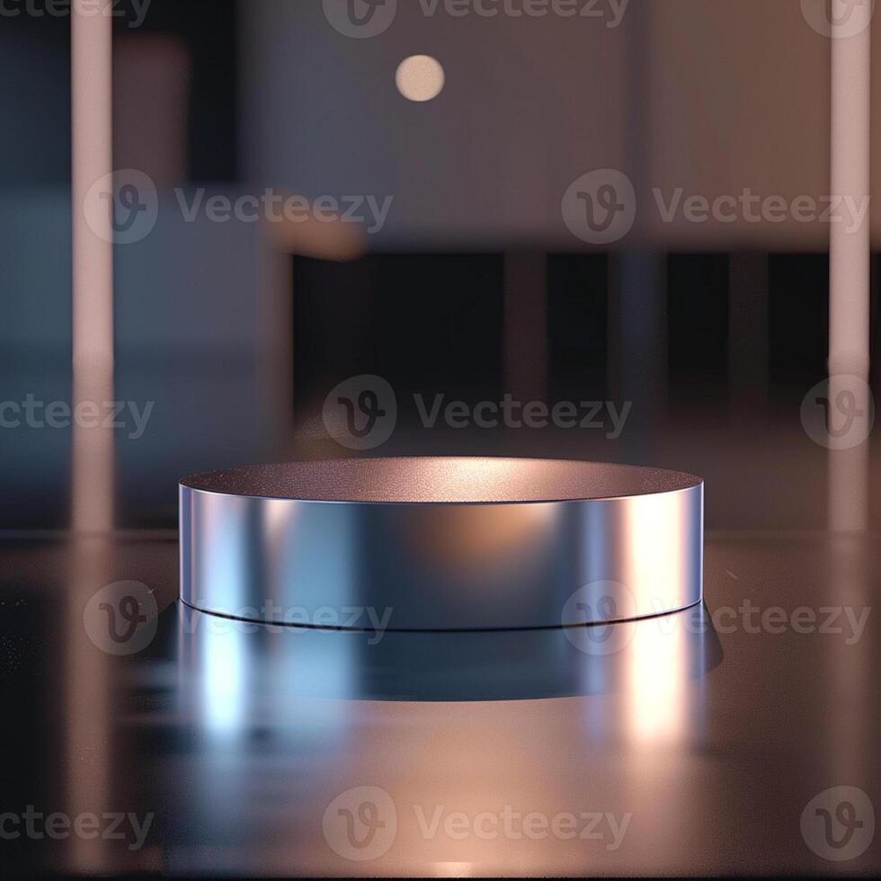 A silver object sitting on a table in a dark room photo