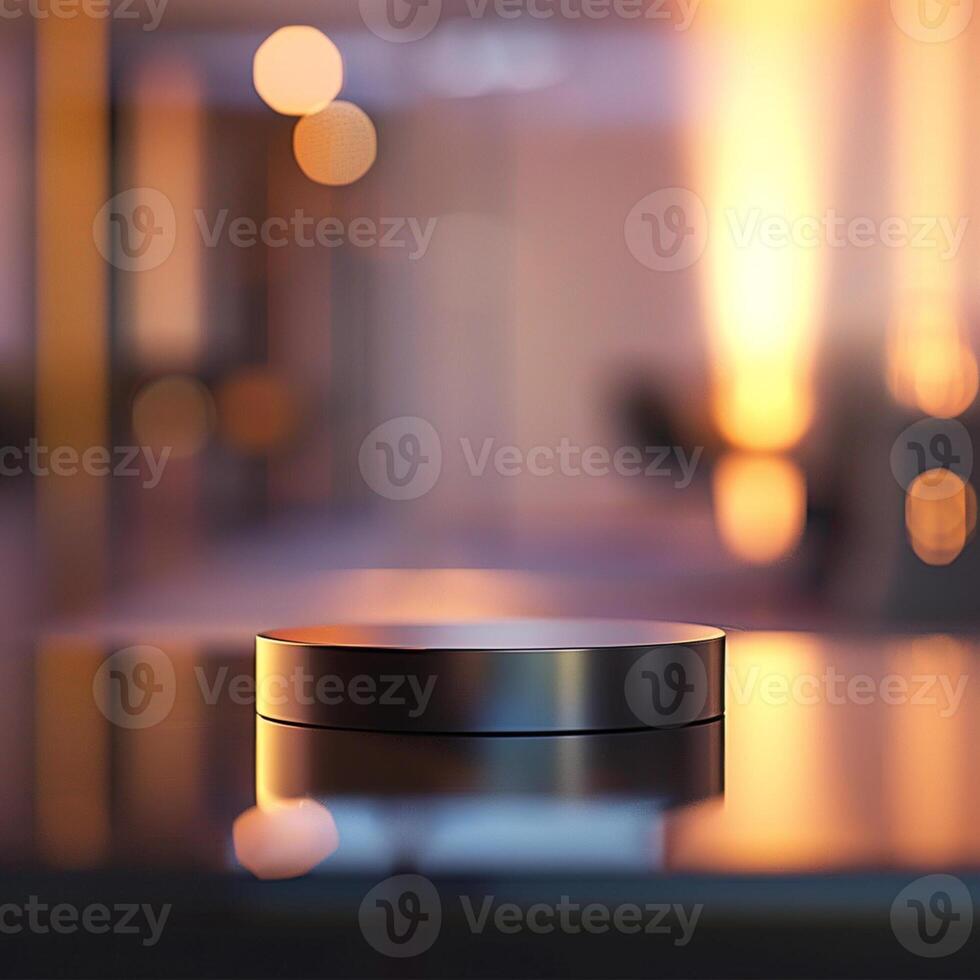 A black object sitting on a table in front of a blurry background photo