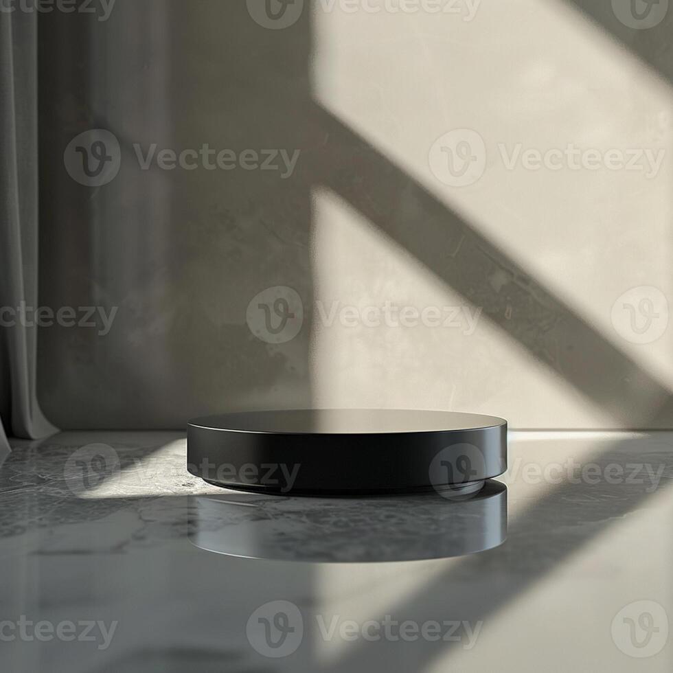 A black round object sitting on a marble floor photo