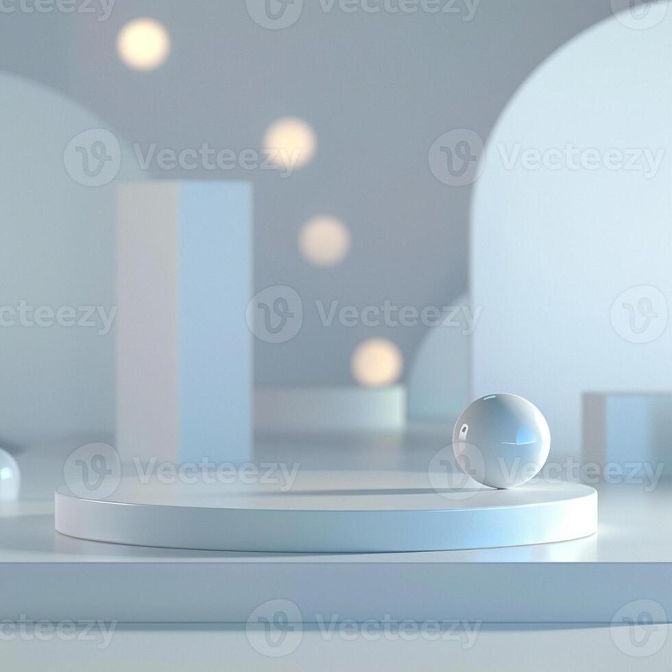 3d rendering of a white stage with a sphere on top photo