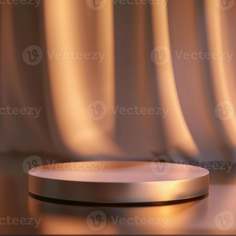 An empty podium on a table with a curtain in the background photo