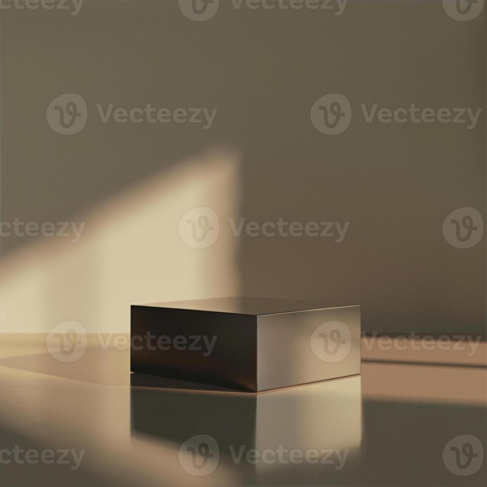 A square box sitting on a table in front of a wall photo