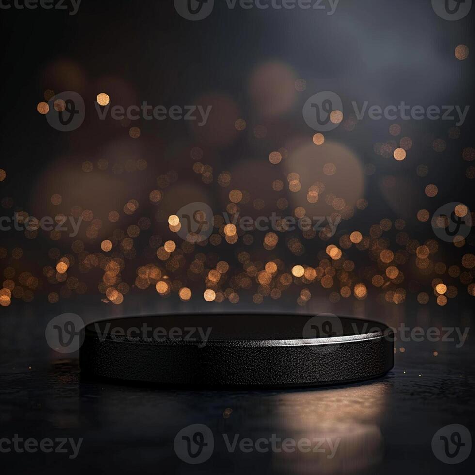 Black hockey puck on a dark background with bokeh lights photo