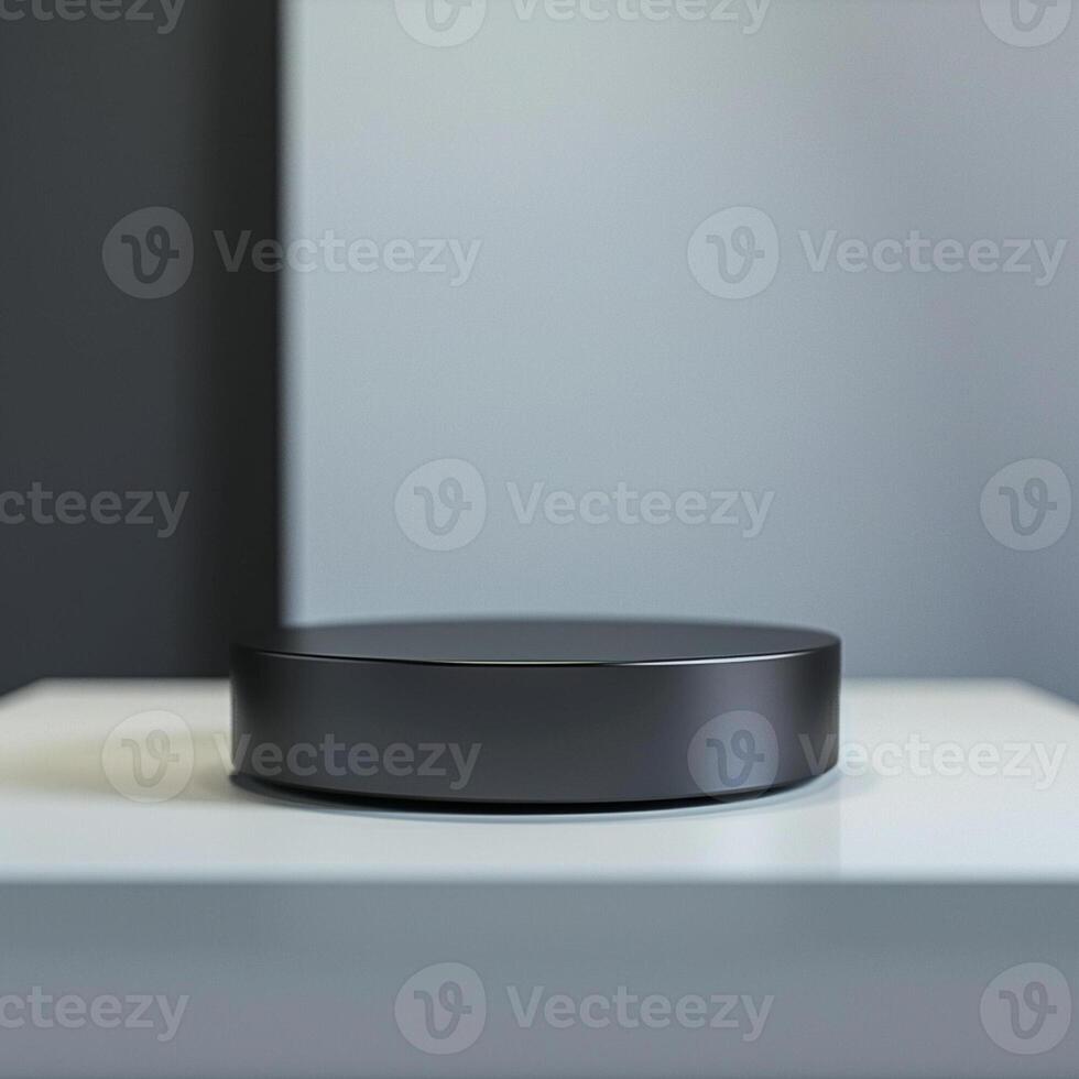 A black round object on a white surface photo
