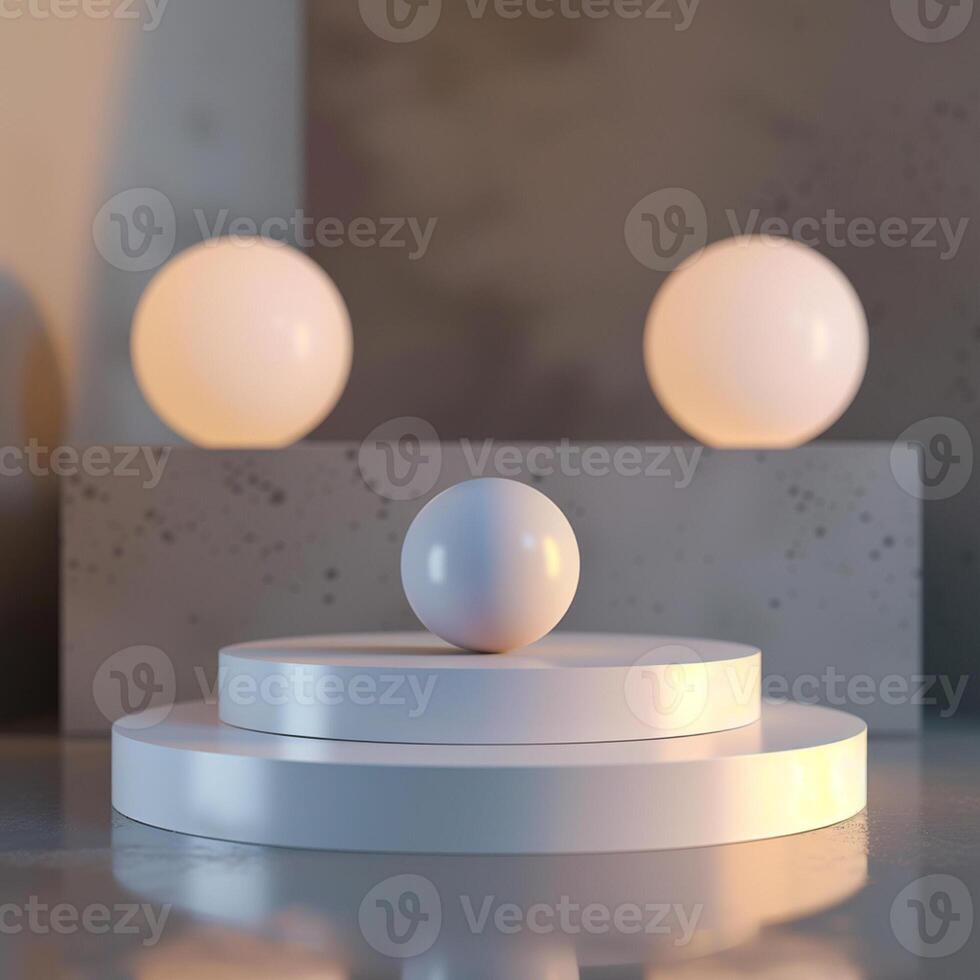 Three white spheres on a pedestal with a light source photo