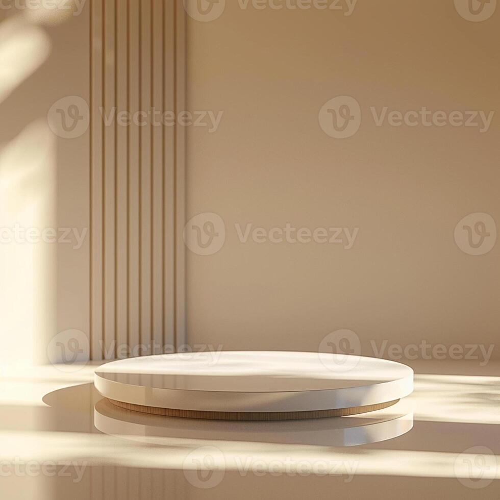 An empty room with a round table in the middle photo