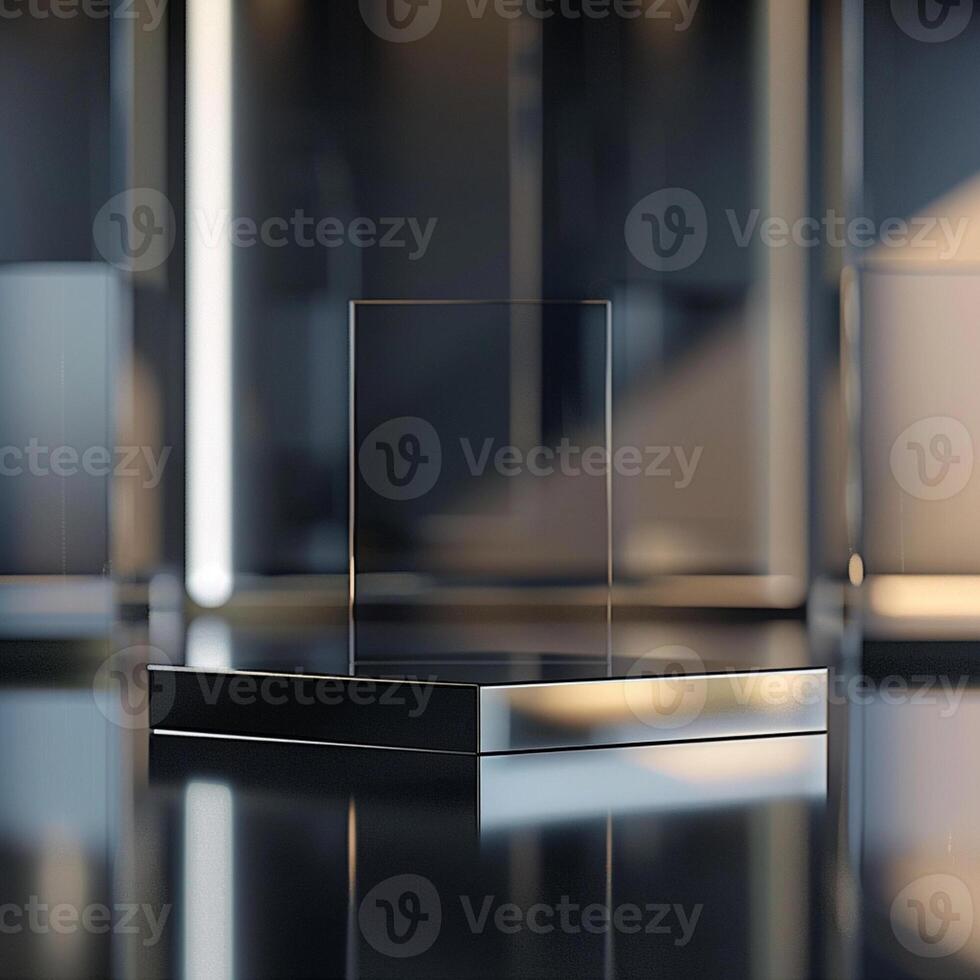 A glass display stand on a black table photo