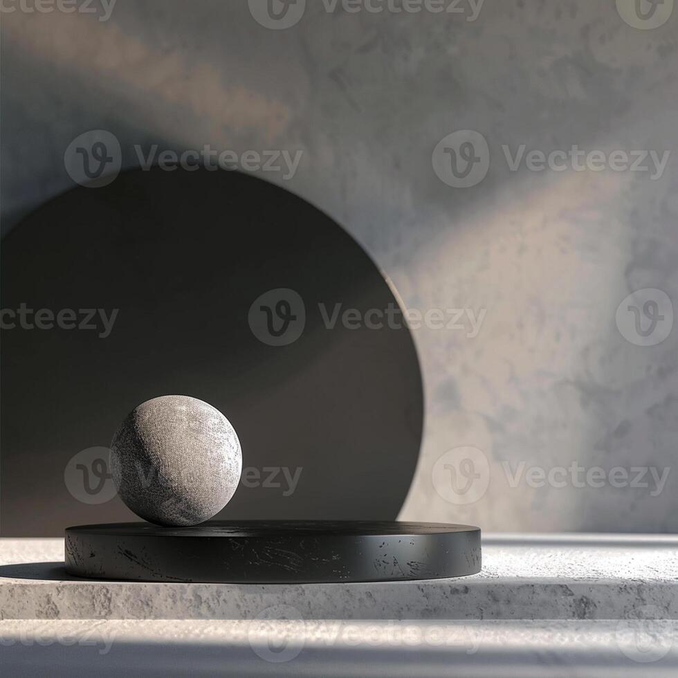 A black ball on a black plate with a circular object in the background photo